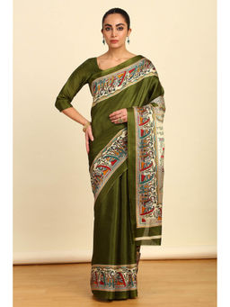 Soch - Womens Green Madhubani Printed Art Silk Saree with Unstitched Blouse