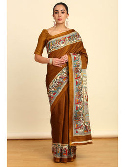 Soch - Womens Brown Madhubani Printed Art Silk Saree with Unstitched Blouse