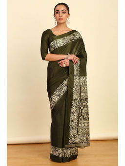 Soch - Womens Green Floral Printed Art Silk Saree with Unstitched Blouse