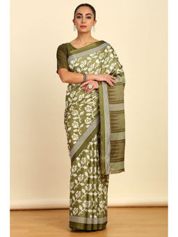 Soch - Womens Light Green Floral Printed Art Silk Saree with Unstitched Blouse