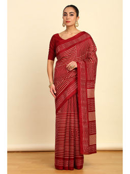 Soch - Womens Maroon Geometric Printed Art Silk Saree with Unstitched Blouse