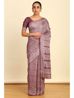 Soch - Womens Purple Floral Printed Art Silk Saree with Unstitched Blouse