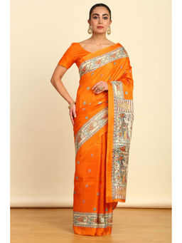 Soch - Womens Orange Madhubani Printed Art Silk Saree with Unstitched Blouse