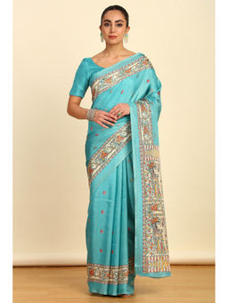 Soch - Womens Powder Blue Madhubani Printed Art Silk Saree with Unstitched Blouse