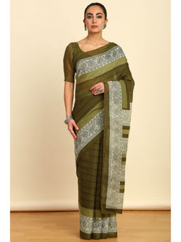 Soch - Womens Olive Striped Printed Linen Saree with Unstitched Blouse