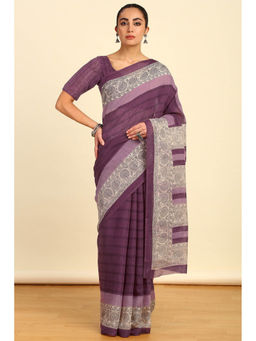 Soch - Womens Lavender Striped Printed Linen Saree with Unstitched Blouse