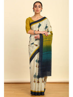 Soch - Womens Yellow Floral Printed Linen Saree with Unstitched Blouse