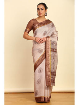Soch - Womens Brown Ethnic Motifs Printed Cotton Saree with Unstitched Blouse