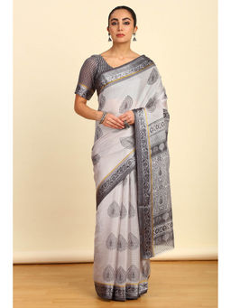 Soch - Womens Grey Ethnic Motifs Printed Cotton Saree with Unstitched Blouse