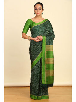 Soch - Womens Green Ethnic Motif Woven Design Tussar Saree with Unstitched Blouse