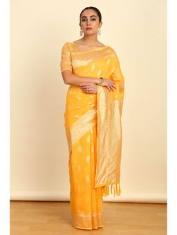 Soch - Womens Yellow Ethnic Motif Woven Design Tussar Saree with Unstitched Blouse