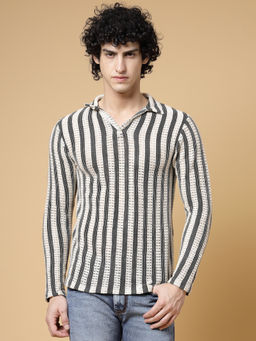 RIGO - Men Black & White Stripes Crochet T-Shirt