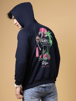 RIGO - Men Navy Blue Oversized Printed Fleece Hoodie