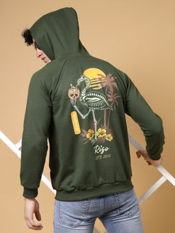 RIGO - Men Olive Oversized Printed Fleece Hoodie