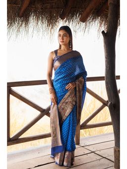 Geroo Jaipur - Blue Hand Woven Bandhani Saree with Unstitched Blouse