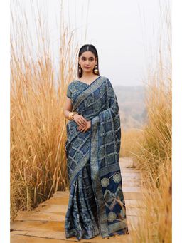 Geroo Jaipur - Blue Hand Woven Bandhani Silk Saree with Unstitched Blouse
