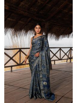 Geroo Jaipur - Navy Blue Hand Woven Bandhani Silk Saree with Unstitched Blouse
