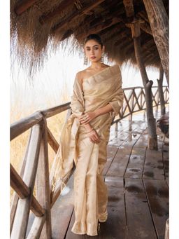 Geroo Jaipur - Beige Crinkle Tissue Saree with Unstitched Blouse