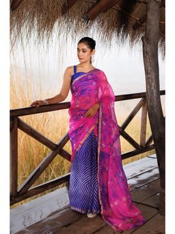 Geroo Jaipur - Blue And Pink Kota Silk Saree with Unstitched Blouse