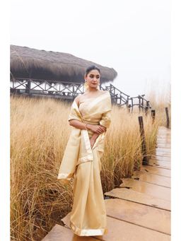 Geroo Jaipur - Beige Tissue Gota Work Saree with Unstitched Blouse