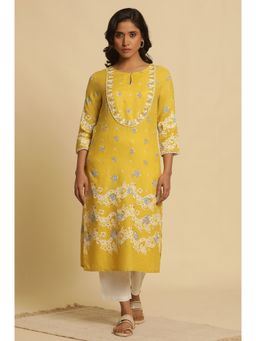 W - Yellow Festive Floral Print Viscose Straight Kurta for Women