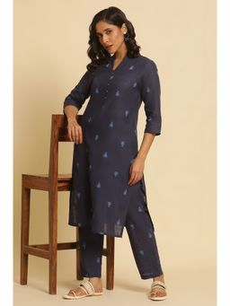 W - Blue Floral Print Cotton Kurta & Straight Pant for Women (Set of 2)