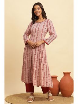 W - Off White Floral Print Viscose A-Line Kurta for Women