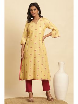 W - Yellow Festive Floral Print Jacquard Straight Kurta for Women