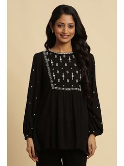W - Black Embroidered Print Rayon Top for Women