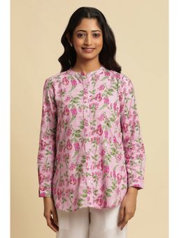 W - Pink Floral Print Cotton Shirt for Women