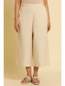 W - Straight Fit Beige Cotton Flared Pant for Women