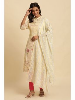 W - Yellow Floral Print Cotton Dupatta for Women