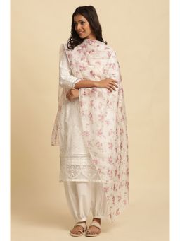 W - Floral Print Organza White Dupatta for Women
