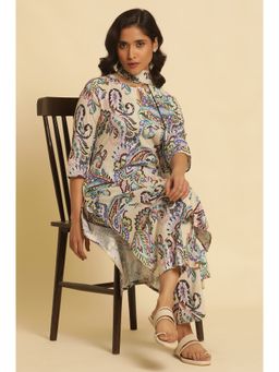 W - Off White Print Cotton Kurta, Straight Pant & Dupatta for Women (Set of 3)
