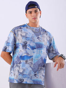 The Indian Garage Co - Men Blue Oversized Metaverse Round Neck T-Shirt