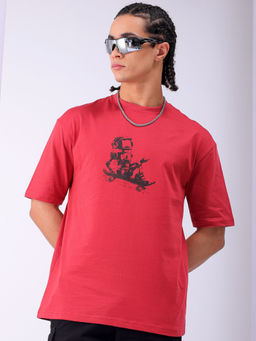 The Indian Garage Co - Men Red Boxy Oversized Graphic Back Printed Round Neck T-Shirt