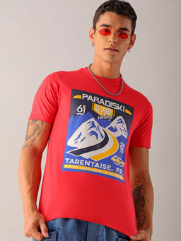 The Indian Garage Co - Men Red Slim Fit Placement Print Round Neck T-Shirt