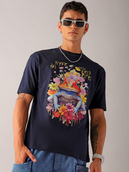 The Indian Garage Co - Men Navy Blue Boxy Oversized Placement Print Round Neck T-Shirt