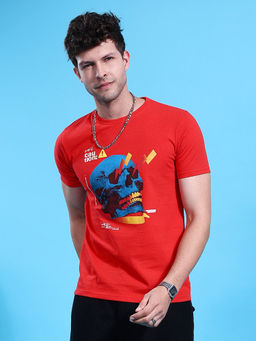 The Indian Garage Co - Men Red Slim Fit Placement Print Round Neck T-Shirt