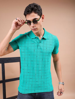 The Indian Garage Co - Men Green Slim Fit Checked Polo Collar T-Shirt