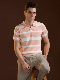 The Bear House - Men Peach Cotton Slim Fit Stripe Half Sleeve Polo T-Shirt