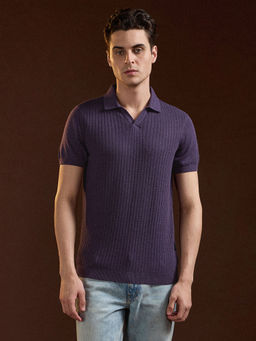 The Bear House - Men Purple Cotton Slim Fit 3D Textured Half Sleeve Polo T-Shirt