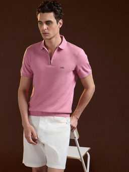 The Bear House - Men Pink Cotton Regular Fit 3D Textured Half Sleeve Polo T-Shirt