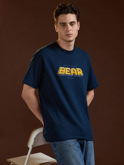 The Bear House - Men Navy Blue Cotton Oversize Fit Letter Graphic Half Sleeve T-Shirt