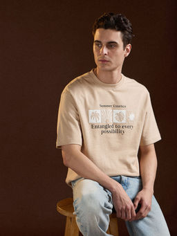 The Bear House - Men Beige Cotton Oversize Fit Typography Half Sleeve T-Shirt