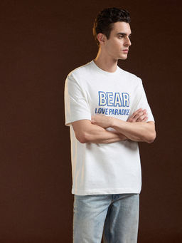 The Bear House - Men White Cotton Oversize Fit Letter Graphic Half Sleeve T-Shirt