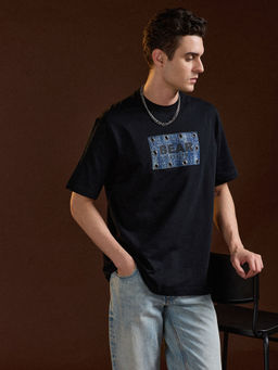 The Bear House - Men Black Cotton Oversize Fit Letter Graphic Half Sleeve T-Shirt