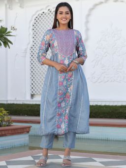 Jaipur Kurti - Grey Printed Muslin Kurta with Yoke and Grey Printed Muslin Pants (Set of 2)