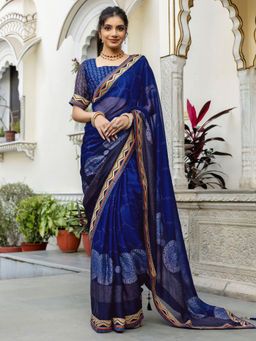 SATRANI - Dark Blue Chiffon Printed Glitters Lace Tassels Saree with Unstitched Blouse