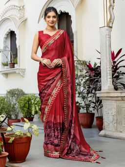 SATRANI - Maroon Chiffon Printed Glitters Lace Tassels Saree with Unstitched Blouse